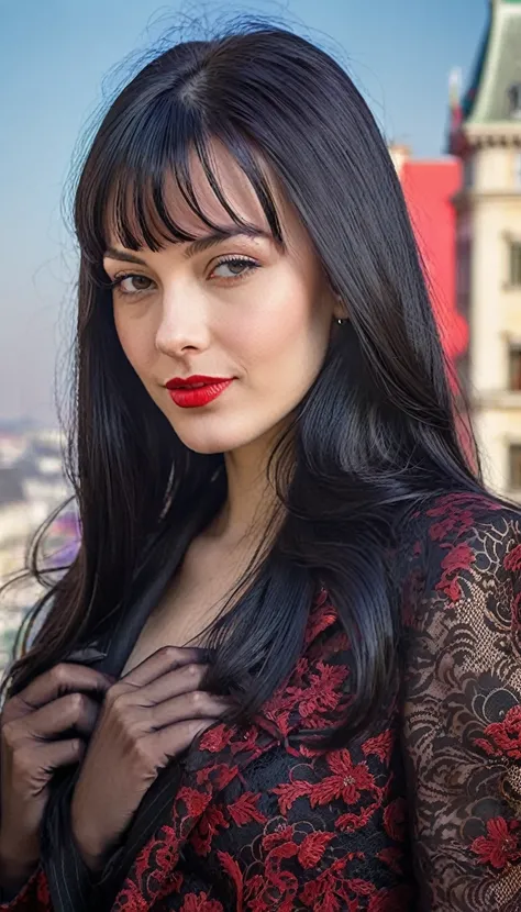 High-quality realistic acrylic art, vivid colors, lateral point of view, a beautiful vintage european woman with long black straight hair, bangs, looking at the viewer with suspicious face and a shy smile, red lips, (((she wears vintage black lace suit, la...