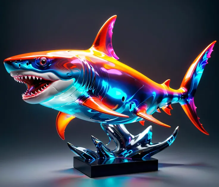 (cute, Obese, male, shark), glowneon, sparks, A detailed and vibrant transparent glass sculpture, vibrant colors and intricate details, grey background, done by artists such as Ruan Jia, detailxl 