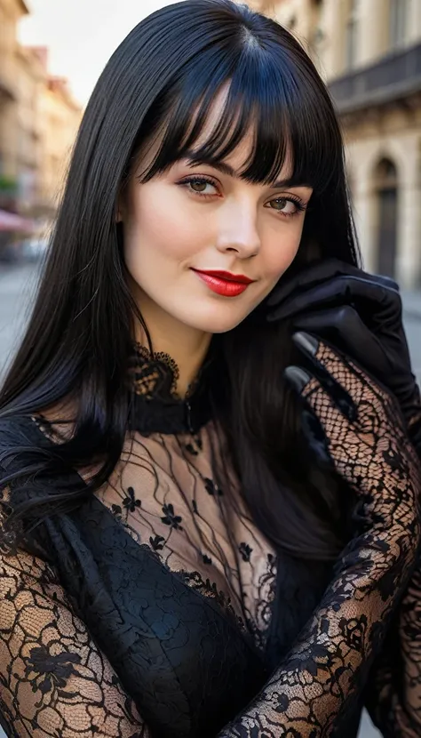 High-quality realistic acrylic art, vivid colors, lateral point of view, a beautiful vintage european woman with long black straight hair, bangs, looking at the viewer with suspicious face and a shy smile, (((she wears vintage black lace suit, lace gloves)...