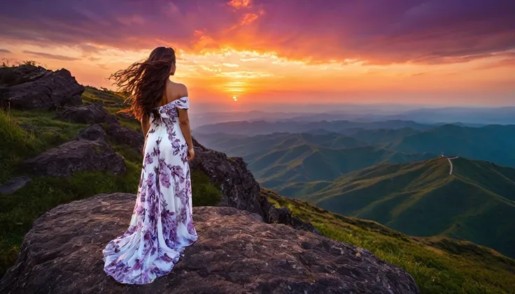 dramatic scene, a woman standing on a rocky terrain during sunset. view from behind, The style is highly detailed and realistic, with a focus on the dramatic sky and natural landscape. The woman has long, wavy hair cascading down her back and is wearing a ...