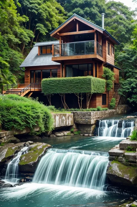 Generate house around river water fall