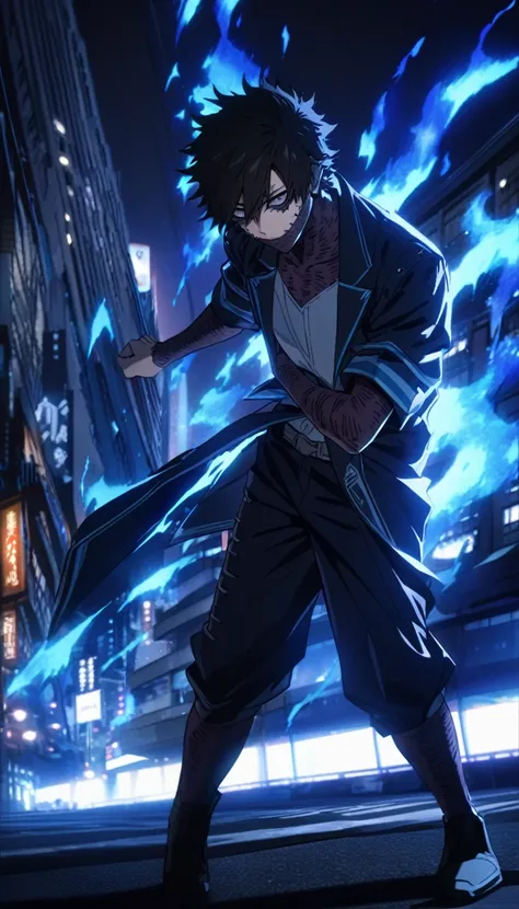 dabi (high quality detail face) dynamic evil standing pose in the distance on a tokyo street with blue flames burning around, sky scrapers in the distance, masterpiece, bestquality, night time, beautiful lighting, highly detailed, dynamic pose, blue flames...