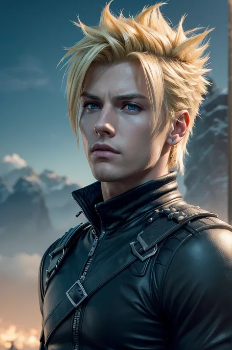 1 tall, slender young man with spiky blonde hair and piercing blue eyes, detailed portrait of Cloud Strife from Final Fantasy, photorealistic, high quality, cinematic lighting, dramatic pose, dynamic composition, vibrant colors, epic fantasy, (best quality...