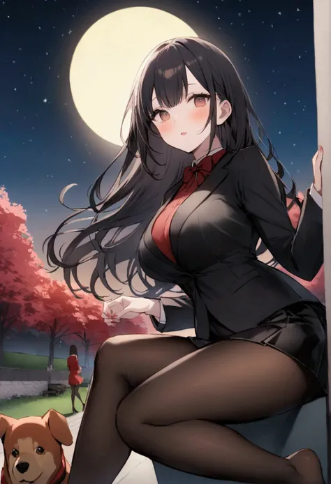 Dog 1、Woman 1、Red miniature dachshund、Red miniature dachshund long hair、dog&#39;color is red、woman with very long black hair、Busty women、Spectacular views、Night Scene、The view from the top of the hill、Full moon night sky、swirling starry sky、８K、Best Quality...