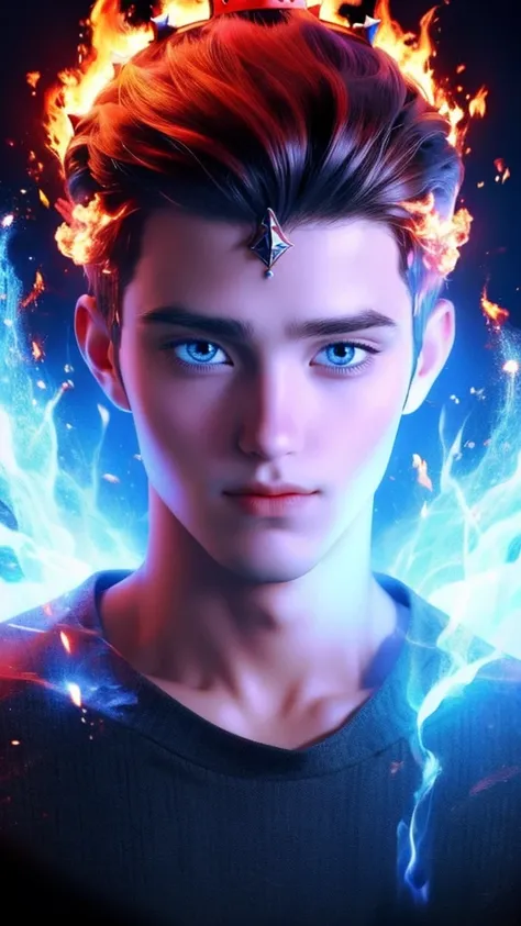 a man wearing a crown on his head and fire around him, 1boy, male focus, solo, crown, portrait, blue eyes, red hair, looking at viewer, realistic, black background, blue fire