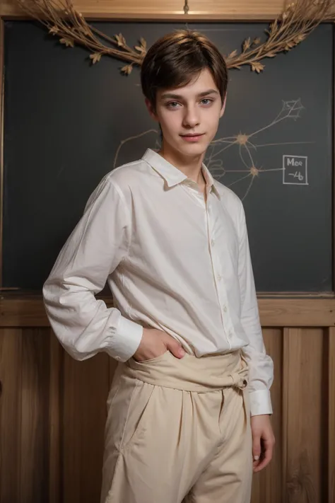 A young male twink, 24 years old, with a cute angel face, with makeup and black hair, wearing a luxurious, long-sleeved, white shirt and brown medieval pants. Behind him is a blackboard with the neurons of the brain written on it, and he looks proudly with...