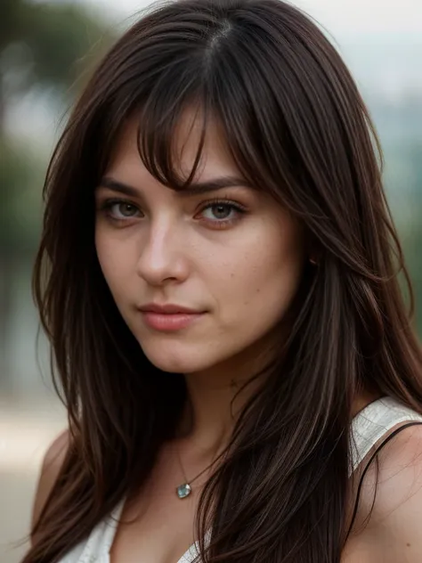 20 years old, Portrait of A confident-looking turkish girl long flowing hair, (facing,90 degree to camera, looking at camera) hazel and brown big eyes, close up face, beautiful detailed nose, sexy detailed lips, (detailed skin texture), bokeh, perfect comp...