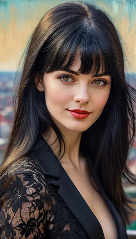 High-quality realistic acrylic art, vivid colors, lateral point of view, a beautiful vintage european woman with long black straight hair, bangs, looking at the viewer with suspicious face and a shy smile, (((she wears vintage black lace suit))), big city ...