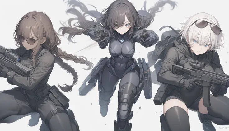 Create an African American female resembles Trinity , with dark brown cornrow braids, with dark sunglasses, a black tactical armor suit,  black goth boots.  She has two guns in each hand aiming towards camera 