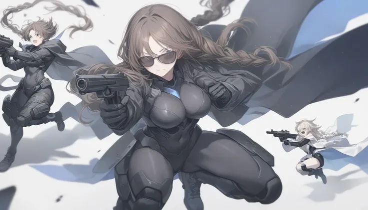 Create an African American female resembles Trinity , with dark brown cornrow braids, with dark sunglasses, a black tactical armor suit,  black goth boots.  She has two guns in each hand aiming towards camera 