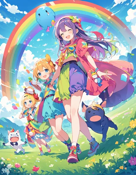 Summer afternoon、A rainbow hangs over the grassland beneath the blue sky。Cute anthropomorphized animals are walking happily under the rainbow.。The animals are smiling、We were talking to each other as we walked under the rainbow、Wearing colorful clothes。The...