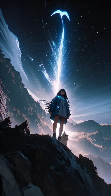 Low angle view，Looking up， A long-haired girl standing on the top of the mountain，A glowing Leviathan as huge as a whale flew overhead，Starry Sky，Canon EOS R5，Photo effects，Graininess，Glowing Effects，Super Fine，Ultra-realistic，Real light and shadow contras...