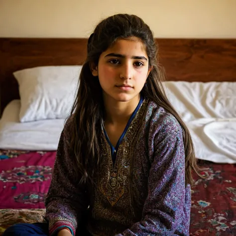 Kurdish teen girl sitting on bed 