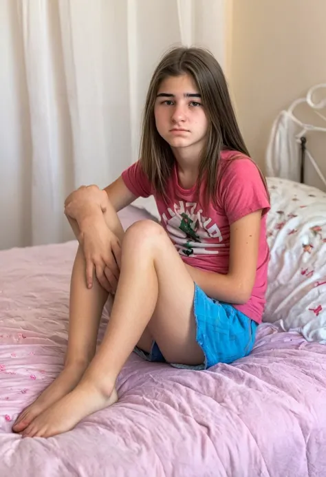 Kurdish teen girl sitting on bed 