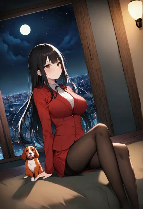 Dog 1、Woman 1、Red miniature dachshund、Red miniature dachshund long hair、dog&#39;color is red、woman with very long black hair、Busty women、Spectacular views、Night Scene、The view from the top of the hill、Full moon night sky、swirling starry sky、８K、Best Quality...