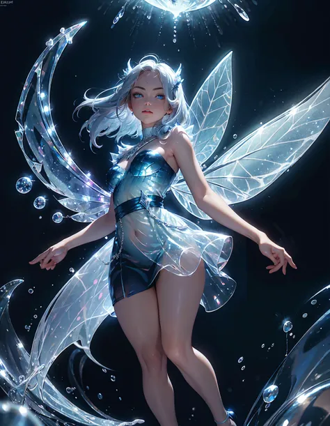 (masterpiece), best quality, expressive eyes, wide eyes, perfect face, fix face, full body, 1girl, fairy,solo,looking at the viewer, silver eyes, short blue hair, highly detailed fairy wings made of water, glass antlers, on the beach, liquid dress, biolumi...