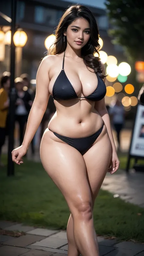 Beautiful  south indian supermodel woman ,  widest waist, biggest breasts, curvy , long eyelashes, thick thighs, Strong calves, smirk, taniaayusiregar, She wears a bikini,  photorealistic, Masterpiece, bokeh, Volumetric lighting, Fall season atmosphere, uh...