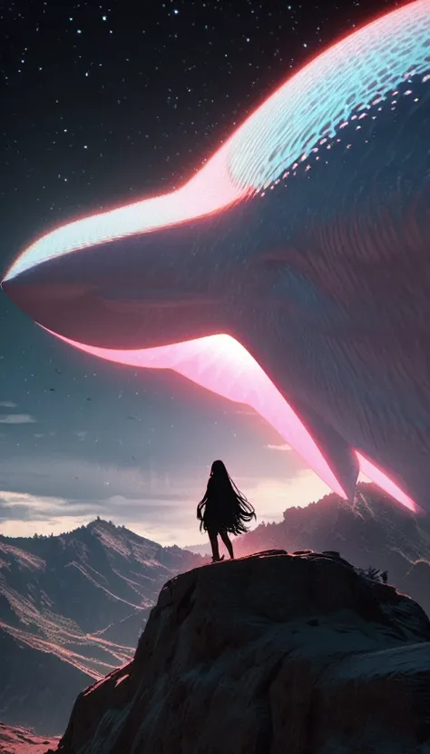 Low angle view，Looking up， A long-haired girl standing on the top of the mountain，A huge, glowing whale flies overhead，Starry Sky，Canon EOS R5，Photo effects，Graininess，Glowing Effects，Super Fine，Ultra-realistic，Real light and shadow contrast，True ray traci...