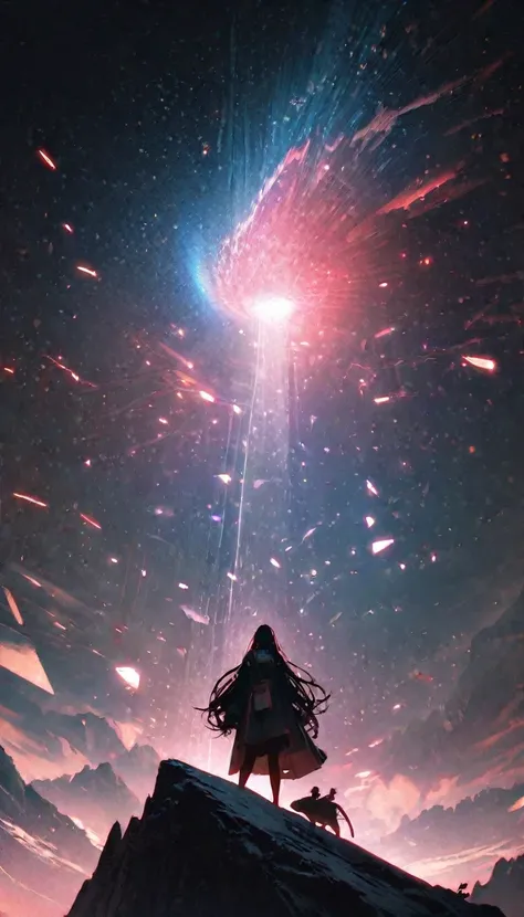 Low angle view，Looking up， A long-haired girl standing on the top of the mountain，A huge, glowing whale flies overhead，Starry Sky，Canon EOS R5，Photo effects，Graininess，Glowing Effects，Super Fine，Ultra-realistic，Real light and shadow contrast，True ray traci...