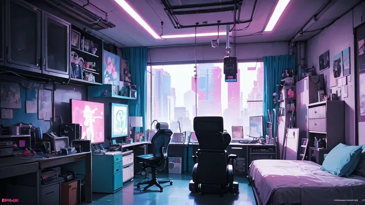 cartoon of a living room with a tv and a cat, concept art inspired by Tomer Hanuka, tumblr, conceptual art, style of madhouse studio anime, background jet ground radio, in a cluttered lab, from akira ( 1 9 8 8 ) style, cyberpunk childrens bedroom, bedroom ...