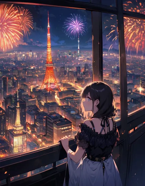 summer night、Indoor observation deck at Roppongi Hills Mori Tower「Tokyo City View」The night view from here is truly spectacular.。Fireworks in the night sky々And launch、The sight of Tokyo Tower and Skytree shining beautifully、Her eyes sparkle with emotion.。T...