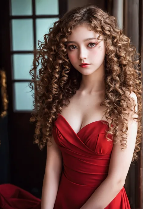 (anime fille à la peau blanche:1.2, sexly ,long curly hair:1.2, elegant red dress, snub-nosed, yeux marron clair], portrait, Filtre VSCO: C8)