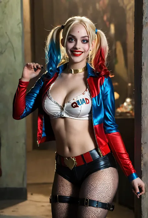 ultra realistic, photography, long red hair, girl, 24 years old, hourglass figure, perfect body, Flirty look, extremely detailed artgerm, in the style artgerm, small breasts, facing the camera, lens 35 mm, blur background, red and blue Harley Quinn costume...