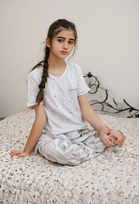 Ponytail hair Kurdish teen girl sitting on bed 