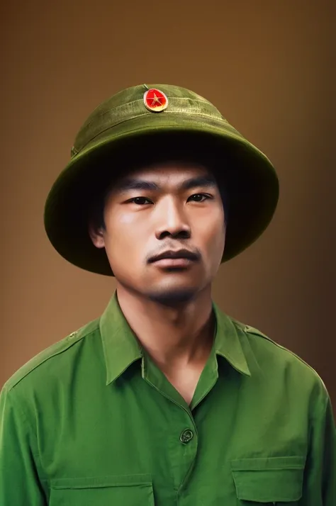 arafed man in a green shirt and hat with a red button on his hat, vietnam war soldier, inspired by Oka Yasutomo, phong shaded, inspired by Yasutomo Oka, do hoang tuong artwork, bao pham, color portrait, portrait of a soldier, digitally painted, in style of...