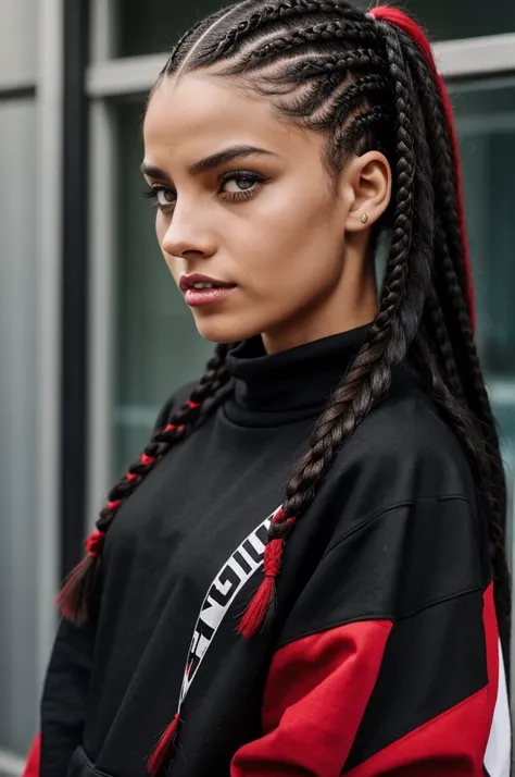 brunette girl, black hair with red highlights, with drags/braids, hilos que decoran las braids. Black eyes like a shark, sharp teeth like a shark.
 Punk clothing or baggy sweatshirts with the hem hanging off the shoulder. 

She is from the DC world, daught...