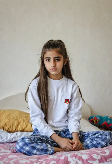 Ponytail hair Kurdish teen girl sitting on bed 