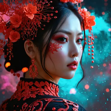 photo RAW, (Black, dark red and neon black : Bangal tiger representing Korea, woman, shiny aura, highly detailed, red filigree, intricate motifs, organic tracery, Januz Miralles, Hikari Shimoda, glowing stardust by W. Zelmer, perfect composition, smooth, s...