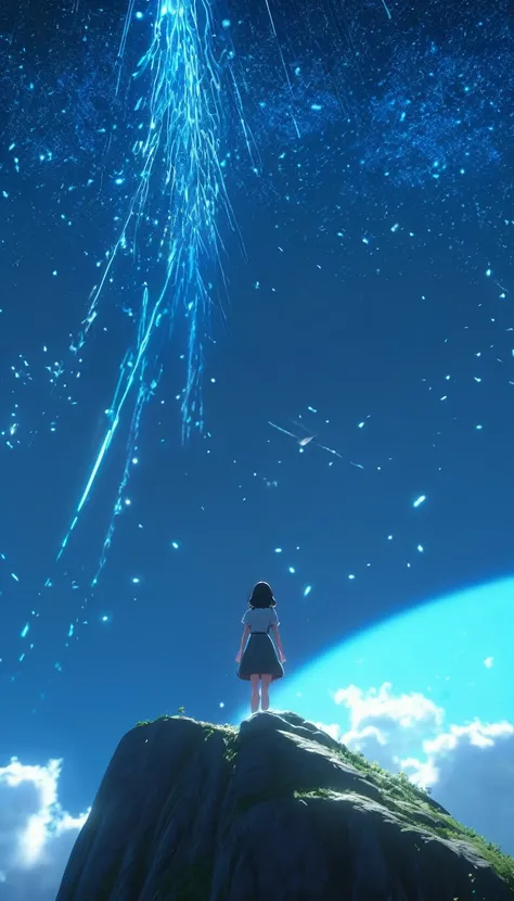 Low angle view，Looking up， A long-haired girl standing on the top of the mountain，A huge, glowing whale flies overhead，Starry Sky，Canon EOS R5，Photo effects，Graininess，Glowing Effects，Super Fine，Ultra-realistic，Real light and shadow contrast，True ray traci...