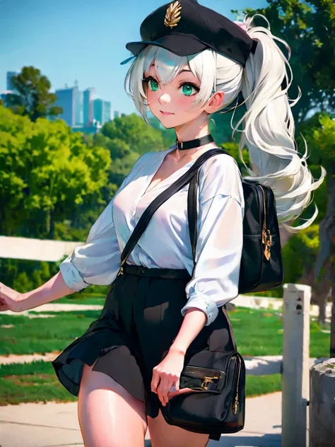 masterpiece , best quality,nahida(genshin impact), 1girl , white shirt:1.5 ,side ponytail ,white hair ,multicolored hair, green eyes,casual outfit , hat , black choker, bag , green hair,busy road , city life 