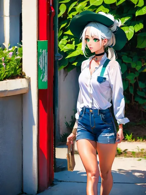 masterpiece , best quality,nahida(genshin impact), 1girl , white shirt:1.5 ,side ponytail ,white hair ,multicolored hair, green eyes,casual outfit , hat , black choker, bag , green hair,busy road , city life 