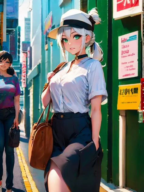 masterpiece , best quality,nahida(genshin impact), 1girl , white shirt:1.5 ,side ponytail ,white hair ,multicolored hair, green eyes,casual outfit , hat , black choker, bag , green hair,busy road , city life 