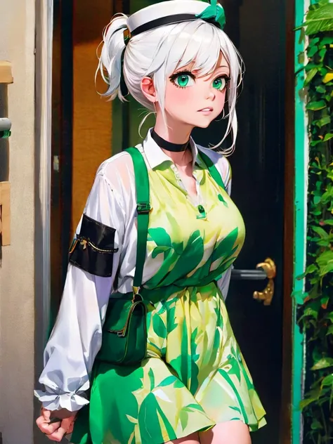 masterpiece , best quality,nahida(genshin impact), 1girl , white shirt:1.5 ,side ponytail ,white hair ,multicolored hair, green eyes,casual outfit , hat , black choker, bag , green hair,busy road , city life 