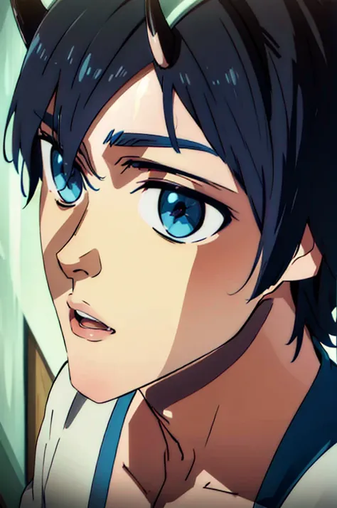 Anime boy, portrait shot, Blue eyes, medium length black hair, short blue horns on the head