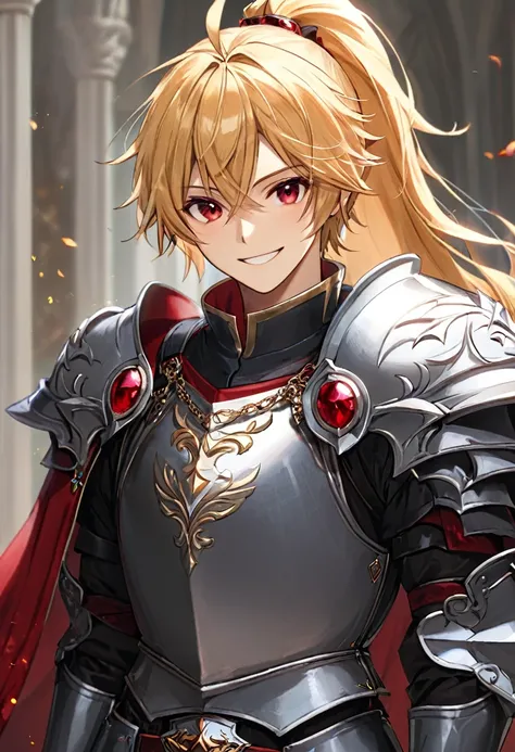 One boy half-elf, red ruby eyes, beautiful face, Long Ponytail blonde hair, Gray heavy paladin armor with scar, Smiling