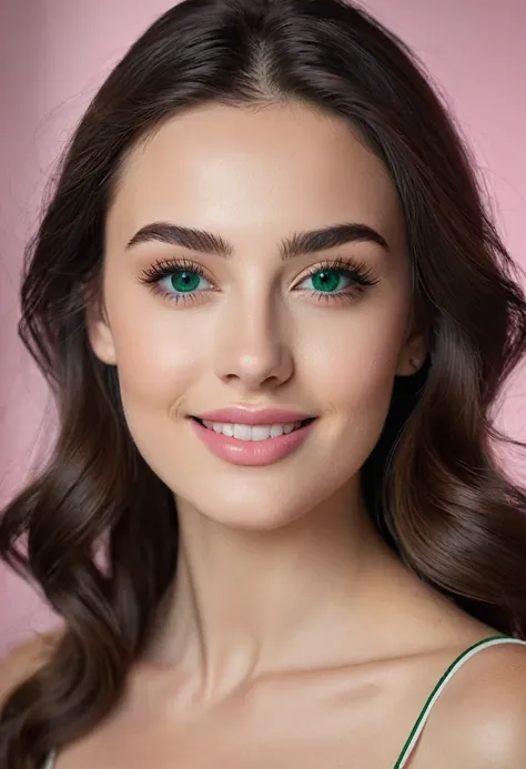 Create a portrait of (((Nógrády Dia))), a stunning 22-year-old Hungarian woman. She has fair, glowing skin, high cheekbones, and a perfectly symmetrical face. Her deep emerald green eyes are framed by long, dark lashes and well-defined eyebrows. Dias chest...