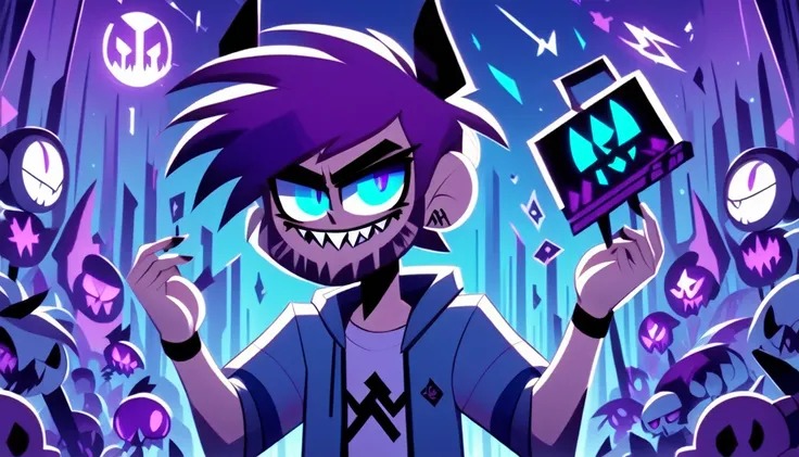 hazbinstyle, a cartoon character boy in e-sports player style with blue and purple tones