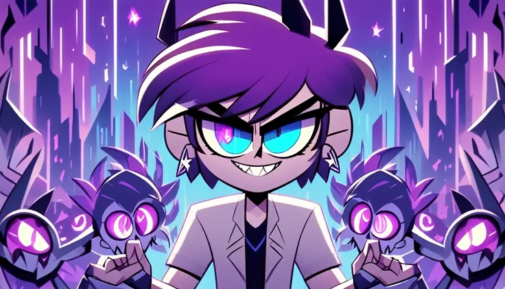 hazbinstyle, a cartoon character boy in e-sports player style with blue and purple tones