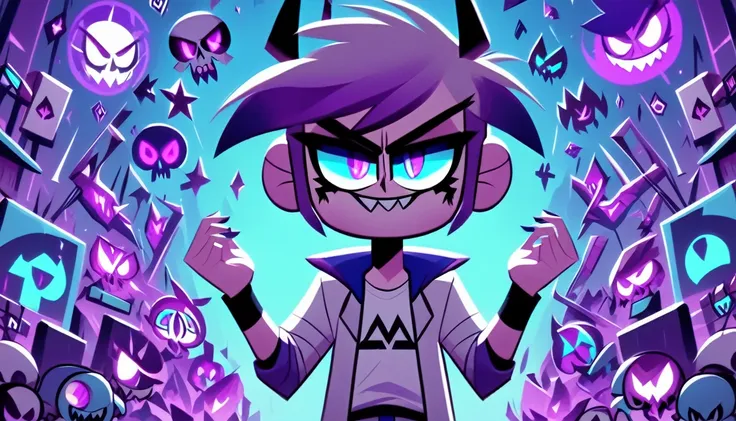 hazbinstyle, a cartoon character boy in e-sports player style with blue and purple tones