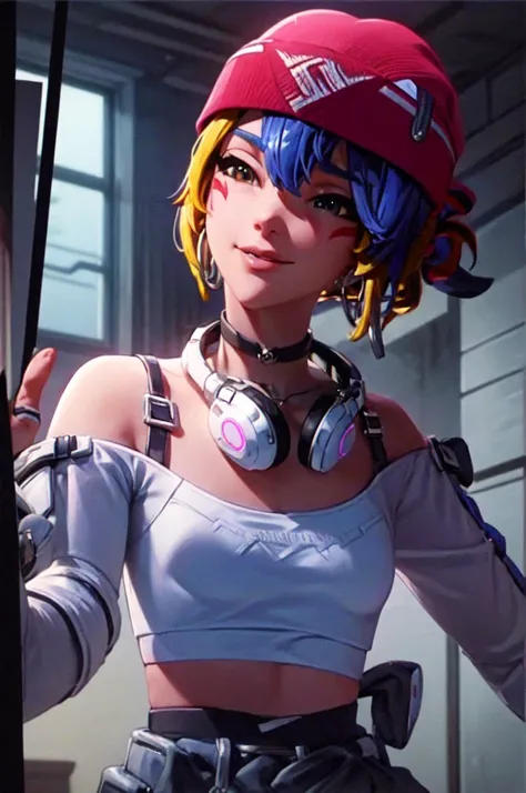 ((masterpiece, best quality)), 1girl, solo, Kiriko LeSserafim, upper body, short hair, brown eyes, multicolored hair, blue hair, yellow highlights, bangs, pink headwear, hair between eyes, (white off-shoulder shirt:1.5), ((gloves:1.5)), pointing to her fac...