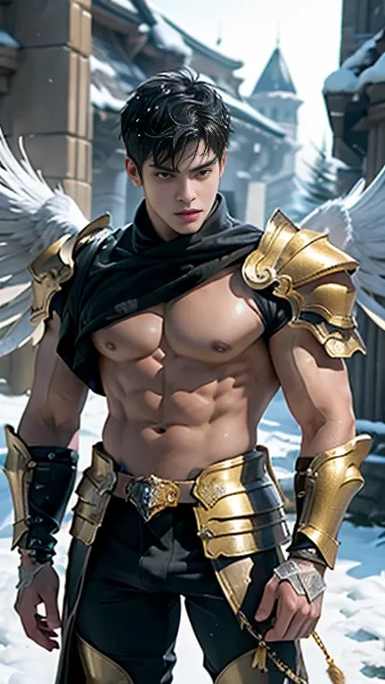 super high resolution, best quality, photo, 4k, (photorealistic: 1.4), cinematic lighting, full naked male angel with large translucent wings, expose the penis, huge penis, errected, shirtless naked muscular man, abdominal muscles dressed in medieval gold ...