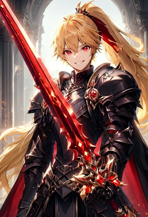 One boy half-elf, red ruby eyes, very beautiful face, Long Ponytail blonde hair, Gray heavy paladin armor with scar, great sword, Smiling