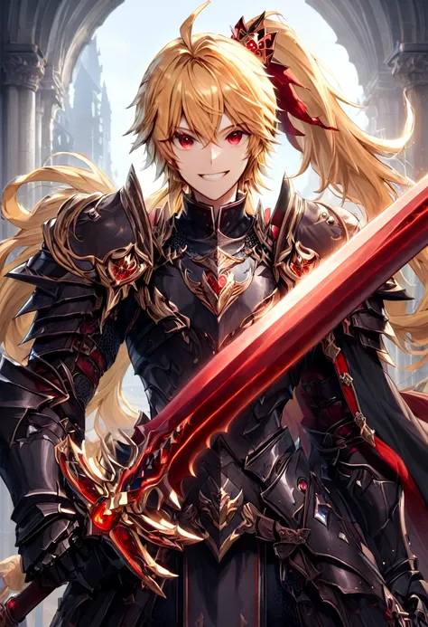 One boy half-elf, red ruby eyes, very beautiful face, Long Ponytail blonde hair, Gray heavy paladin armor with scar, great sword, Smiling