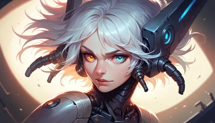 beauty, Girl, mechanical parts, in the space, Hyperrealistic details, volumetric lighting, high quality, minute details, silver hair, heterochromia,