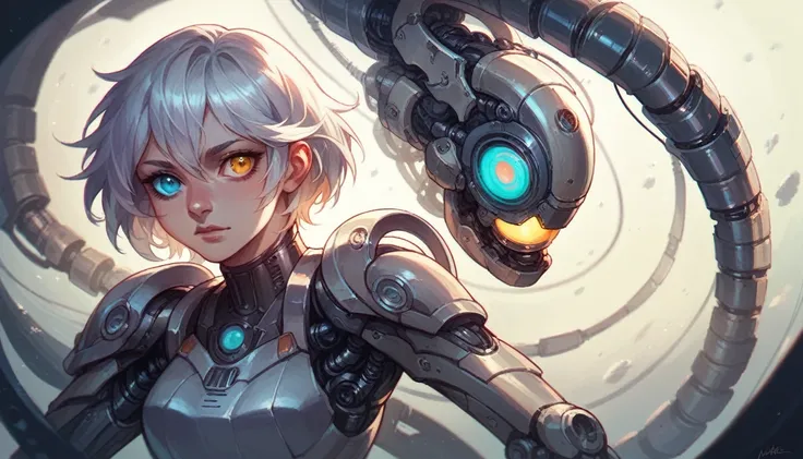 beauty, Girl, mechanical parts, in the space, Hyperrealistic details, volumetric lighting, high quality, minute details, silver hair, heterochromia,