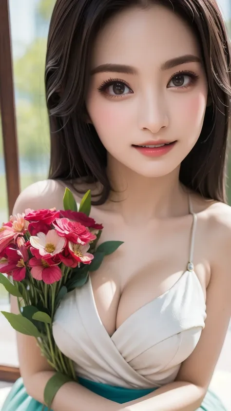 (masterpiece, best quality:1.2), solo, A stunning portrait close-up of a lady holding a bouquet of vibrant flowers, her kind and beautiful eyes gazing directly at the viewer. Rendered in exquisite detail with Schneider pastel inks, the soft and delicate st...